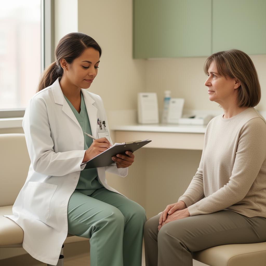 Clinical research coordinator reviewing study details with a seated volunteer in a bright consultation room
