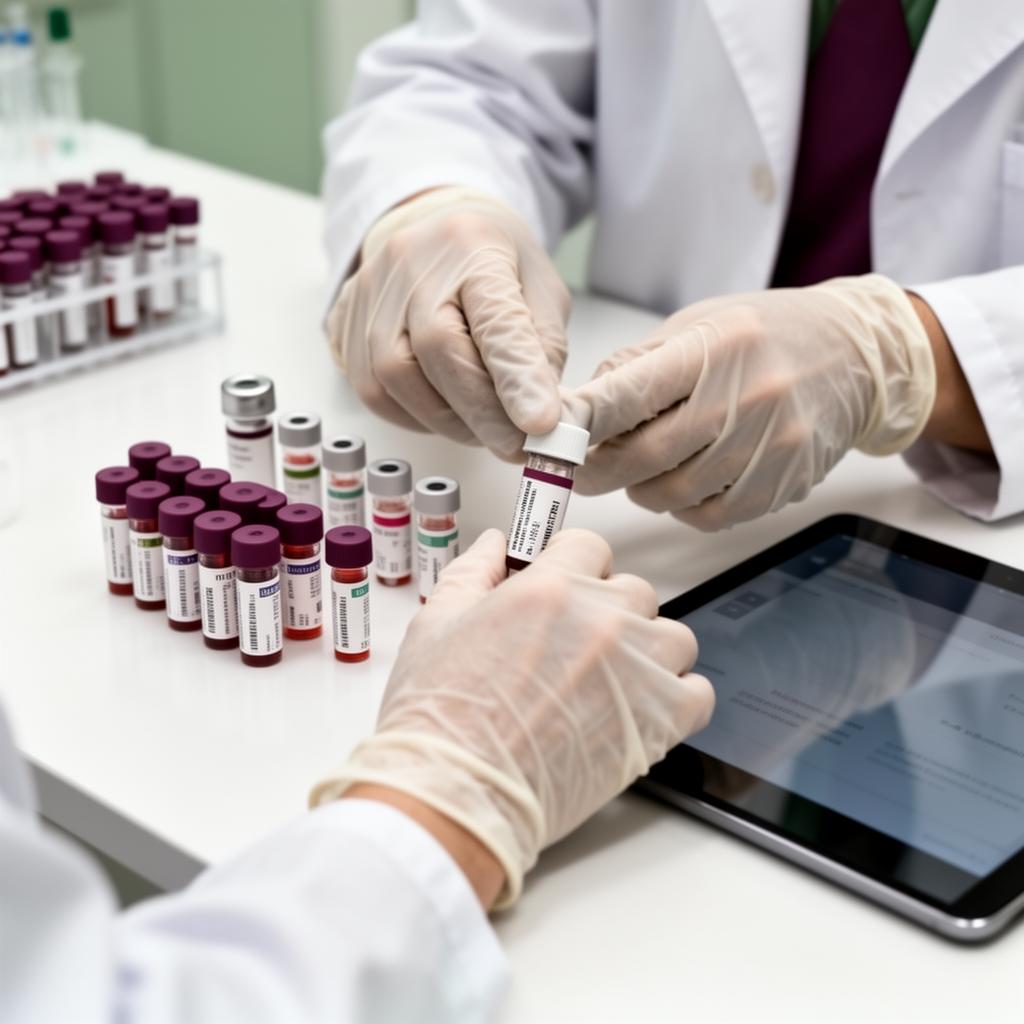 Gloved clinician carefully handling labeled sample vials next to a digital tablet on a clinical bench