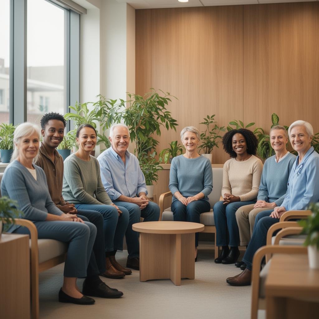 A diverse group of adult volunteers seated together in a warm, plant-filled clinic waiting area